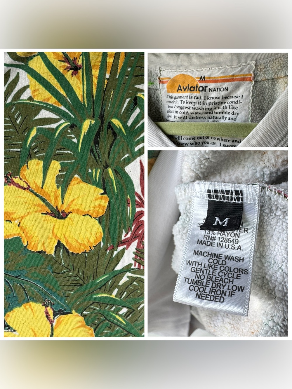 Aviator Nation Tropical Hibiscus Pullover - Yellow, Green Cream size medium VGUC - Picture 7 of 16